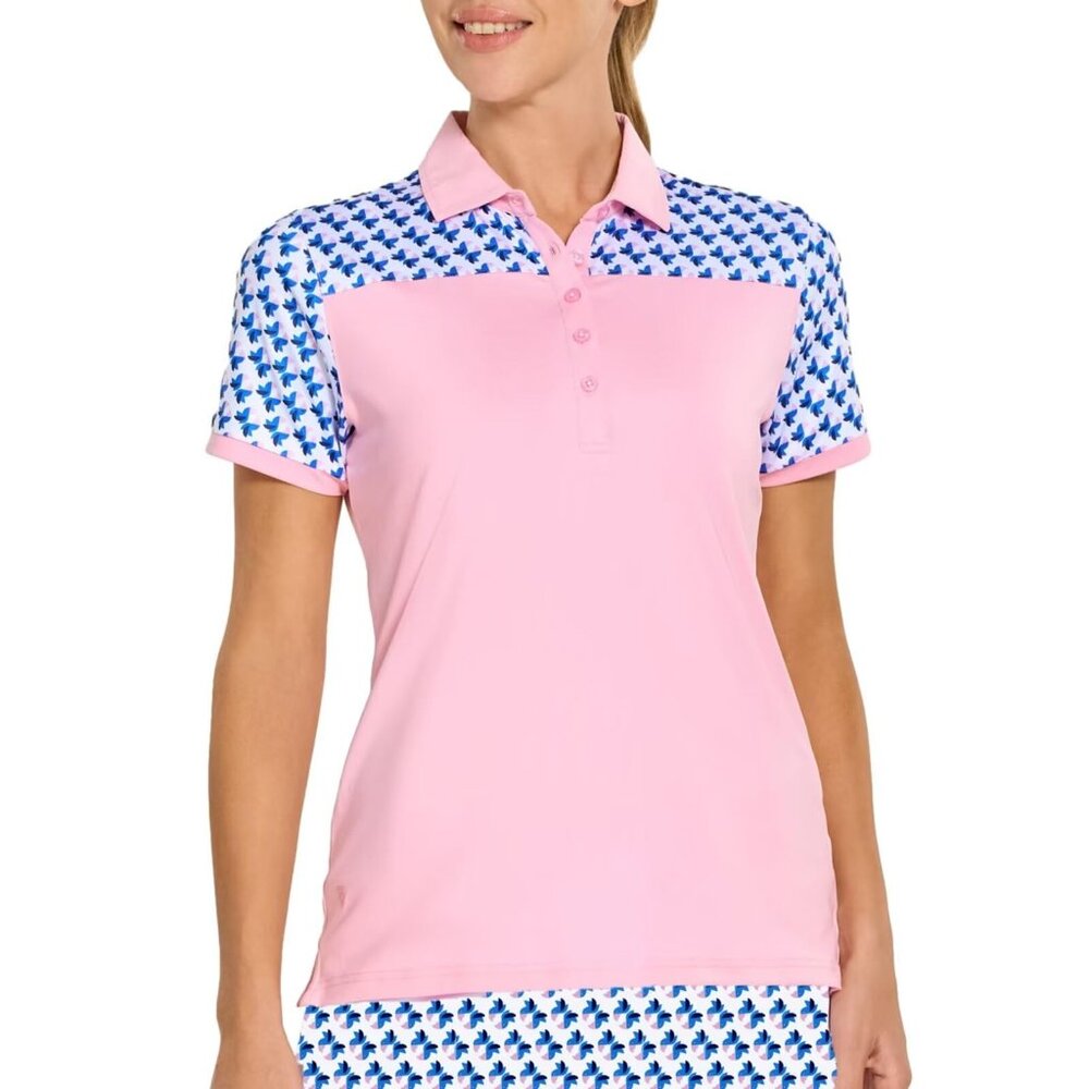 Women's Pink Polo Top with Blue Patterned Yoke